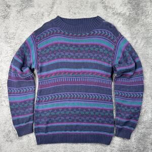 Vintage 90s Knit Sweater USA 100% Cotton Sperry Top Sider Purple Blue Vapor Wave
